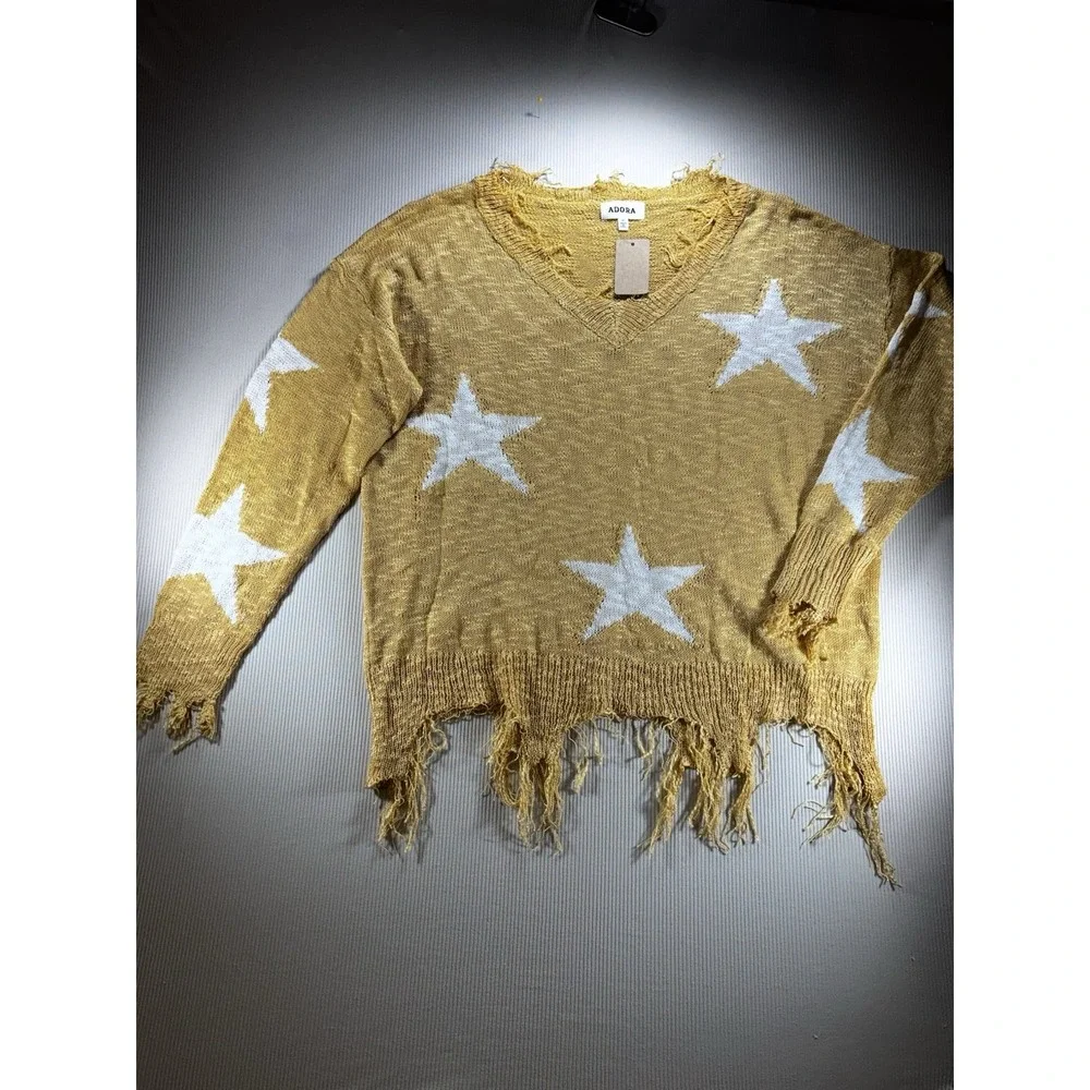 Adora Distressed Star Sweater Raw Hem Cotton Blend Golden Yellow M Boho Y2K‎ NWT